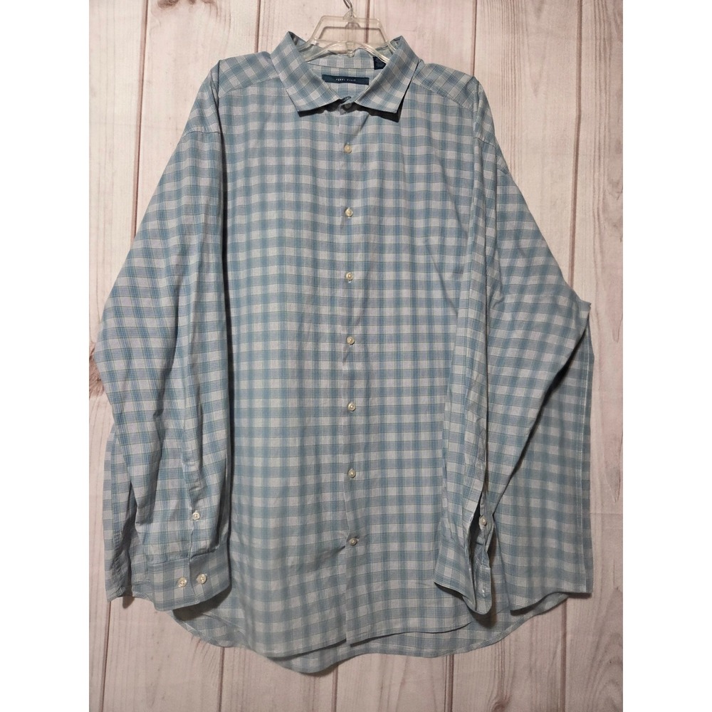 Perry Ellis Mens 3X Blue Plaid Long Sleeve Button Down Cotton Shirt